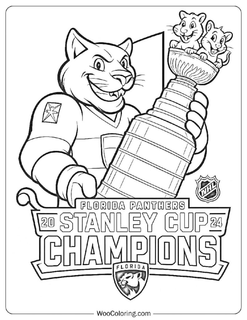 Florida Panthers mascot holding Stanley Cup trophy