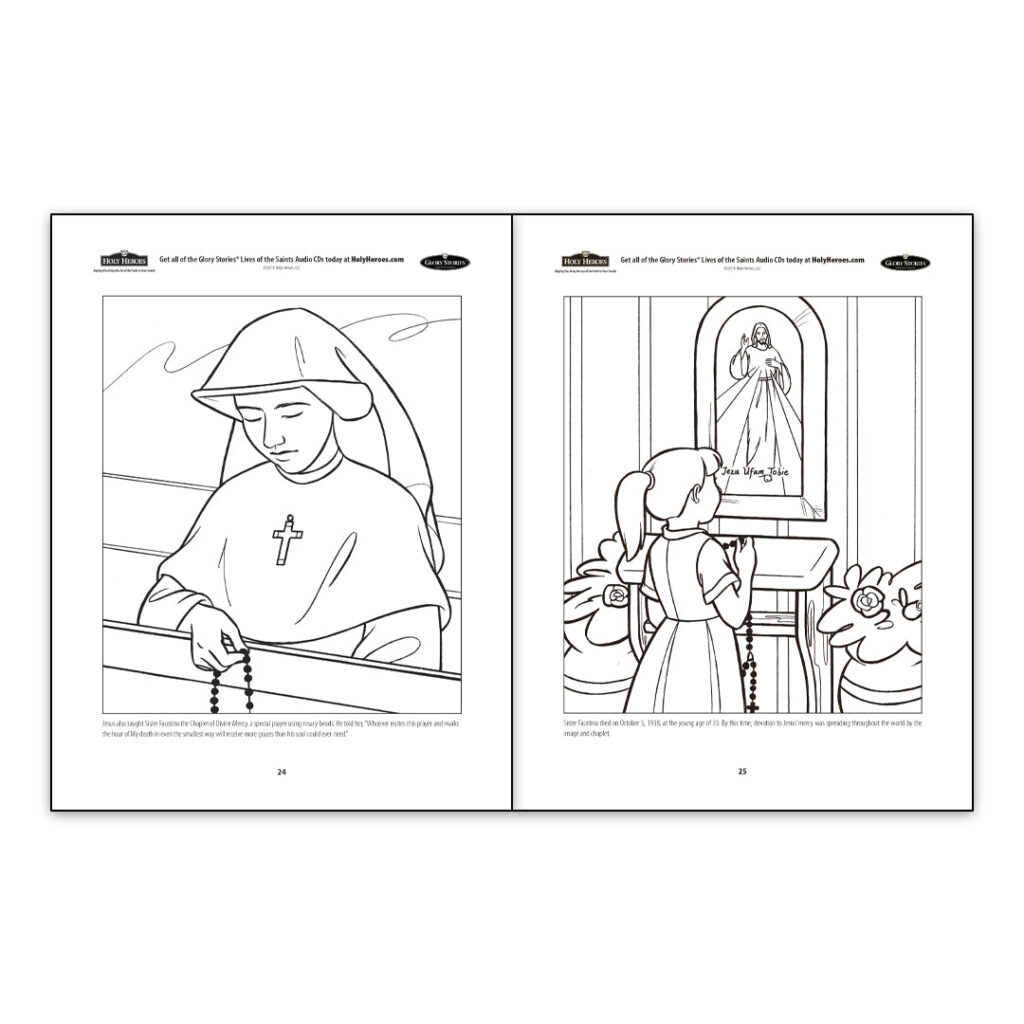 Open coloring book pages with praying nun and girl