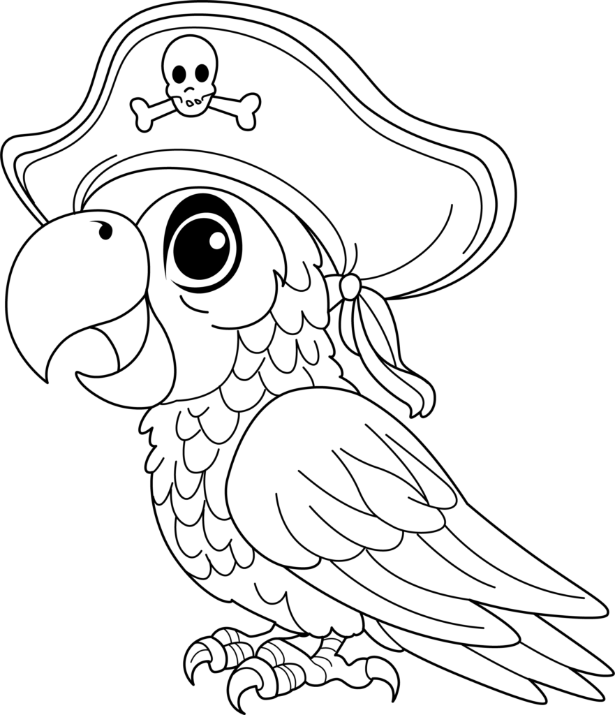 Cartoon parrot wearing pirate hat with skull
