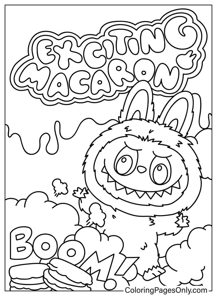 Cartoon monster coloring page with text and clouds