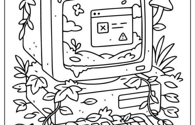 Line drawing of overgrown vintage computer with mushrooms and leaves