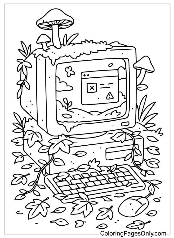 Line drawing of overgrown vintage computer with mushrooms and leaves