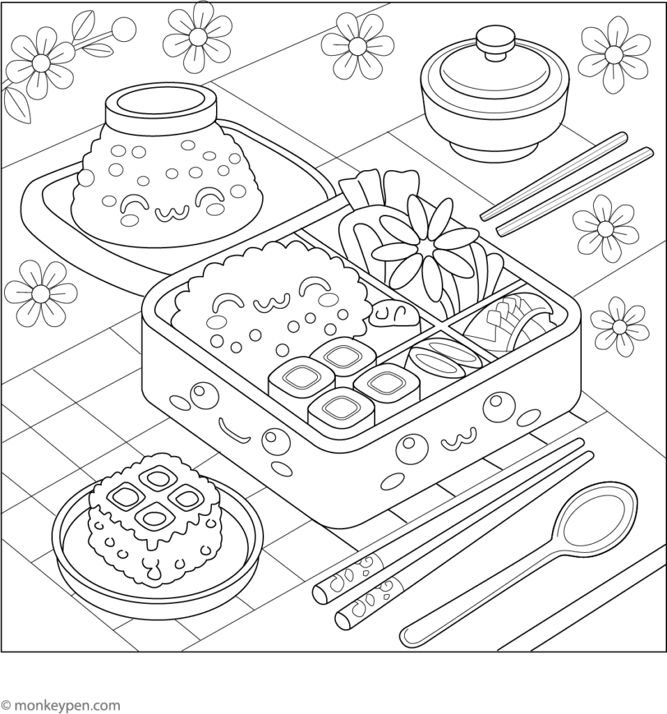 Cute illustrated bento lunchbox with chopsticks and flowers