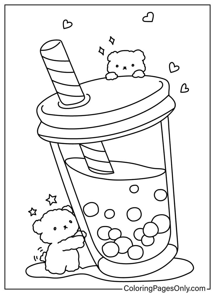 Cartoon bubble tea cup with teddy bears and hearts