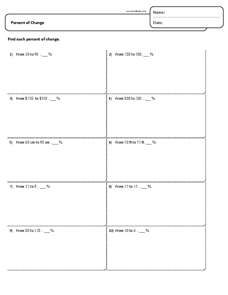Percent of change math worksheet with ten problems