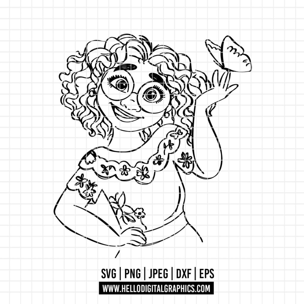 Black line art girl with glasses and butterfly on grid background