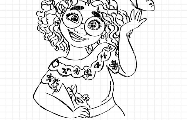 Black line art girl with glasses and butterfly on grid background