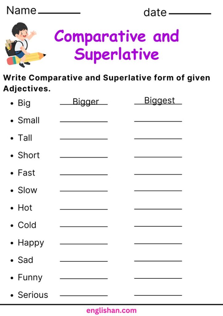 English grammar worksheet with adjective list and blanks