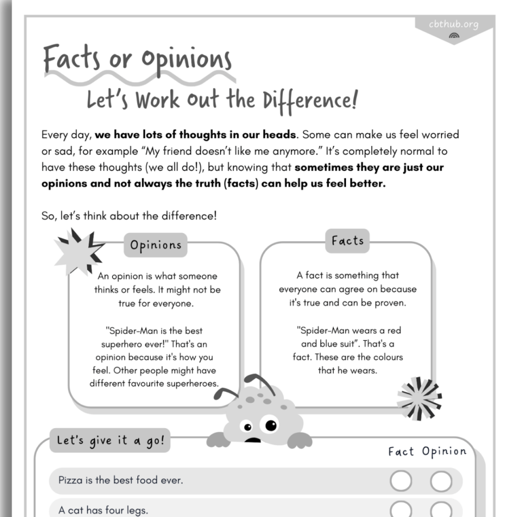 Black-and-white worksheet about facts and opinions