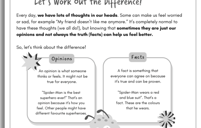 Black-and-white worksheet about facts and opinions