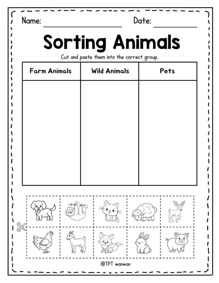 Animal sorting worksheet with farm, wild, and pets boxes