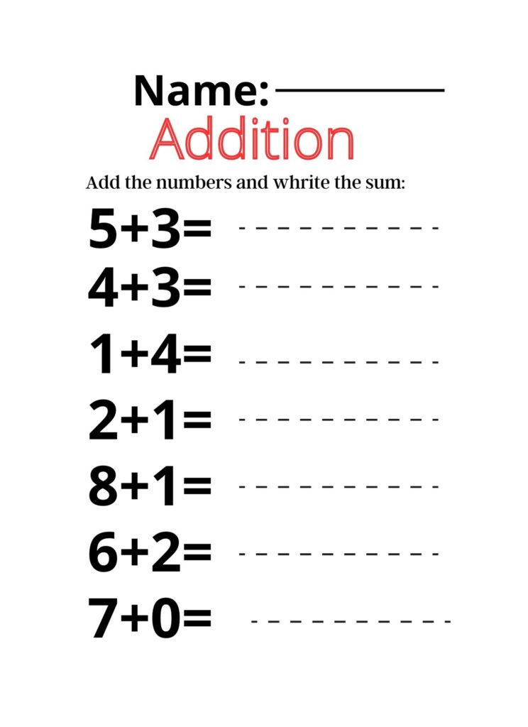 Addition worksheet with seven simple equations