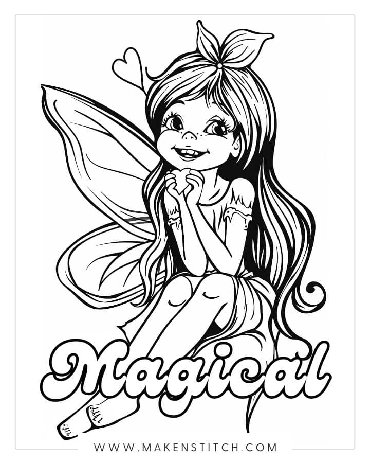 Black-and-white fairy girl sitting with the word Magical