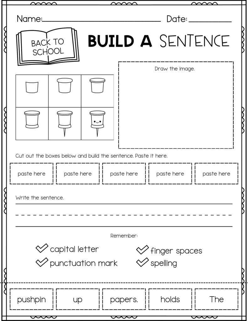 Black-and-white sentence-building worksheet with pushpin drawings