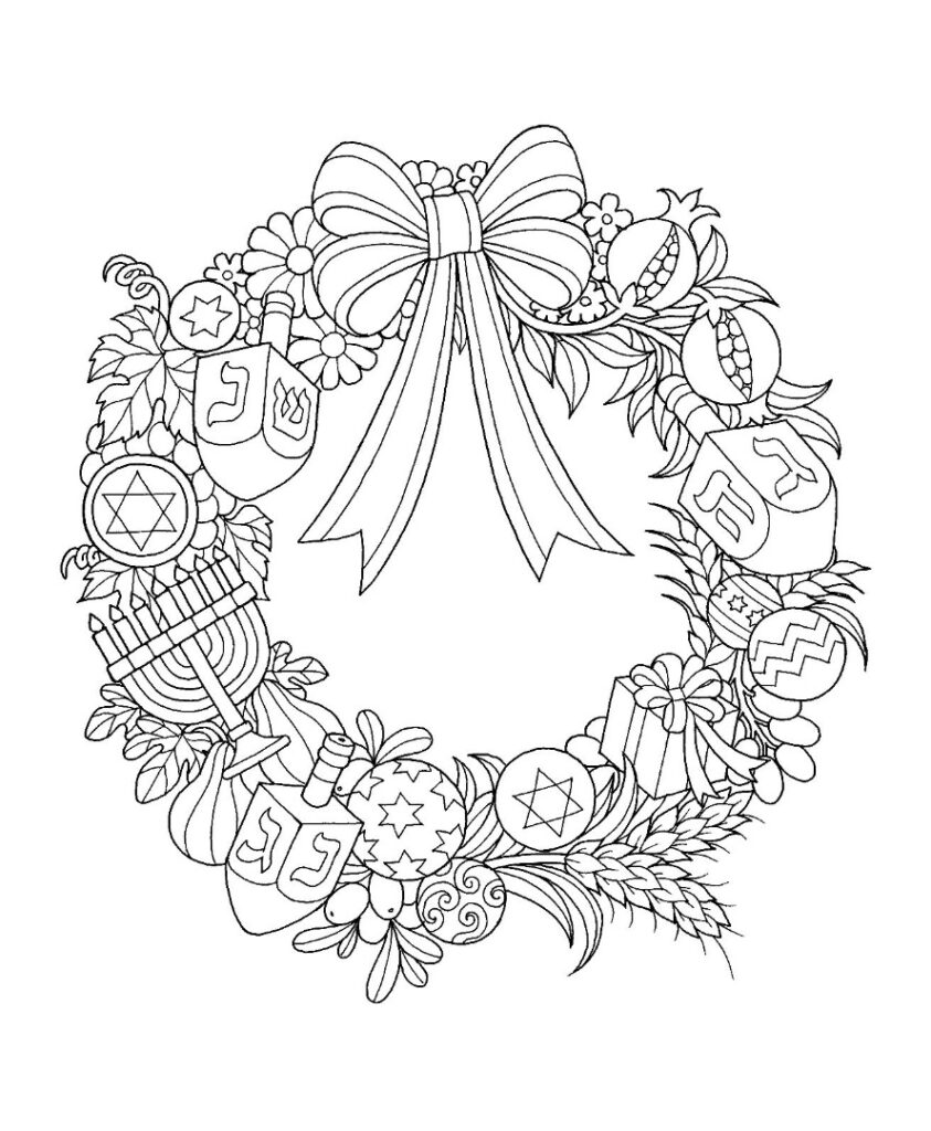 Hanukkah wreath with bow and candles coloring page