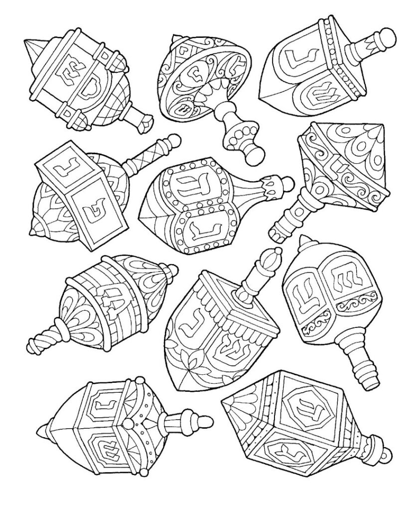 Ten decorative spinning tops coloring page on white background
