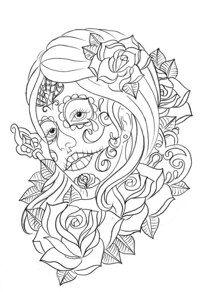 Line drawing of a sugar skull woman with roses.