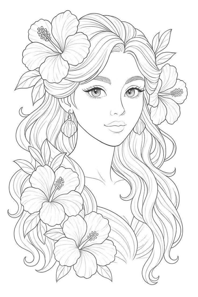 Line drawing of woman with flowers in her hair