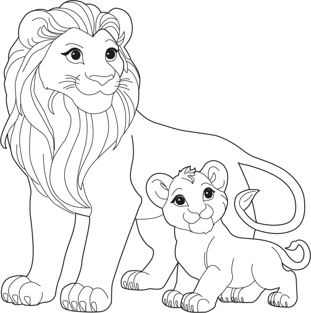 Lion and cub outline drawing on white background