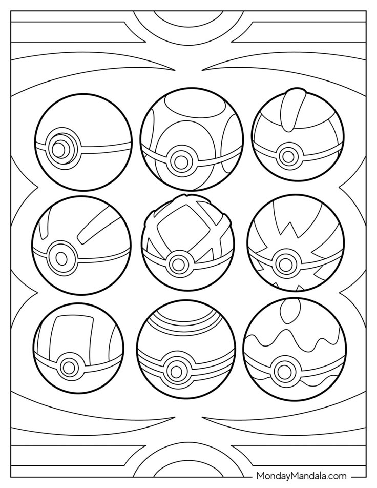 Nine Poké Ball-style circles in a coloring page layout