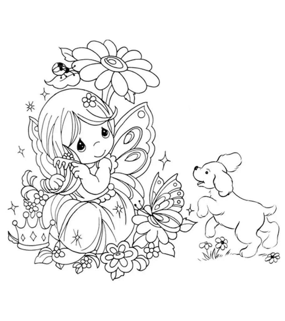 Fairy with flowers, butterfly, poodle coloring page