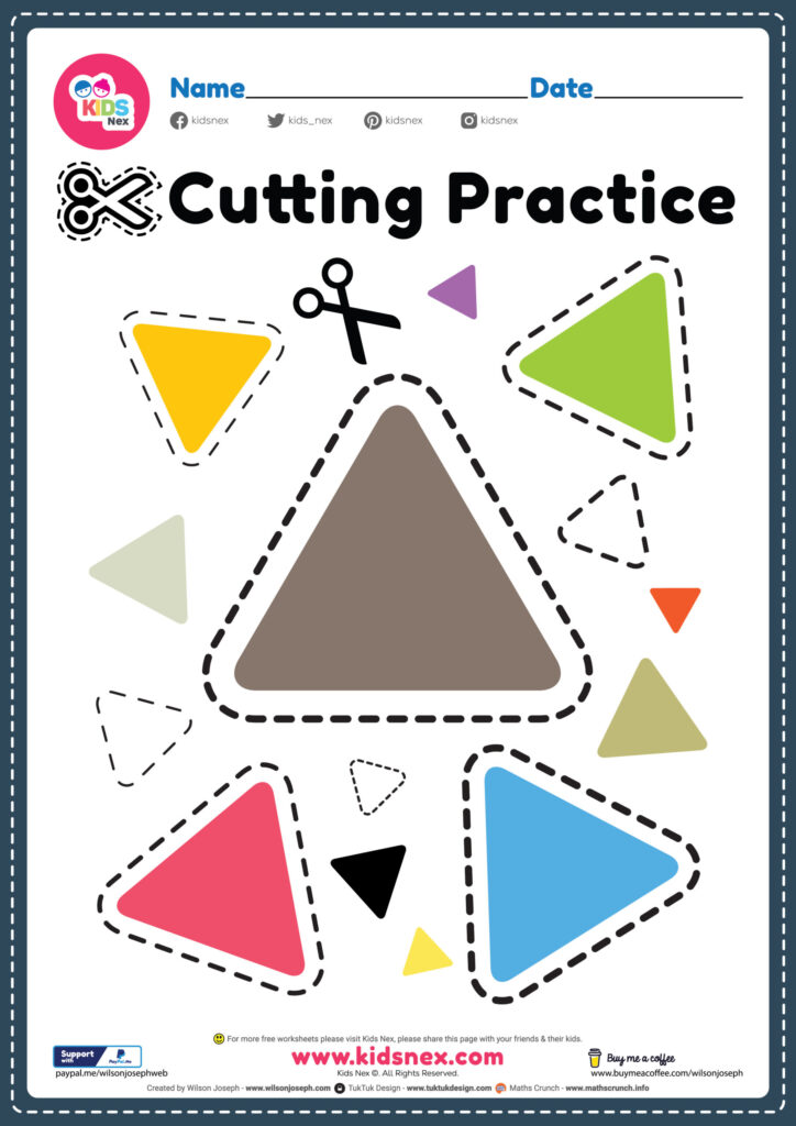 Cutting practice worksheet with colorful triangles and scissors