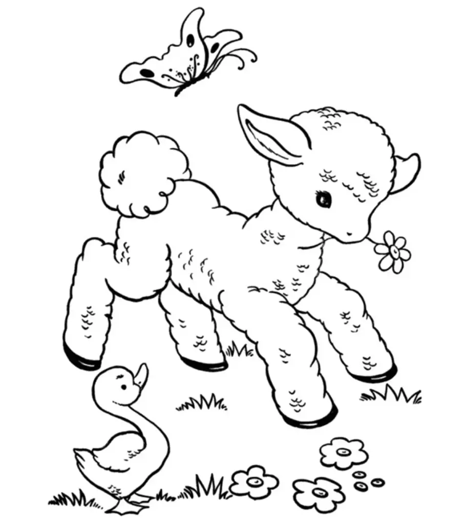 Cartoon lamb, duck, butterfly, and flowers on white background