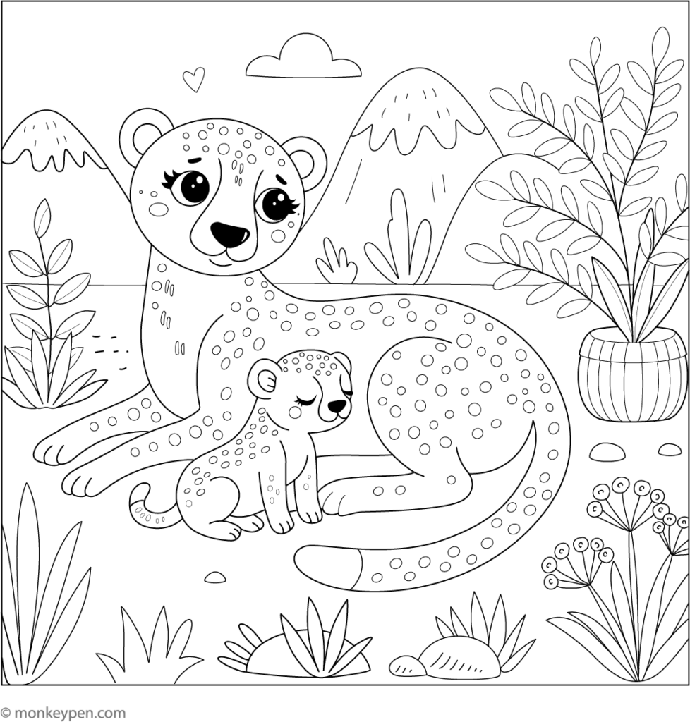 Cartoon leopard mother and cub in nature scene