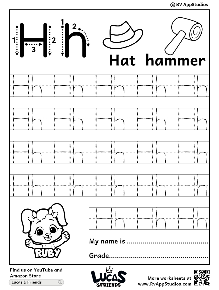 Alphabet tracing worksheet for letter h with hat and hammer illustrations