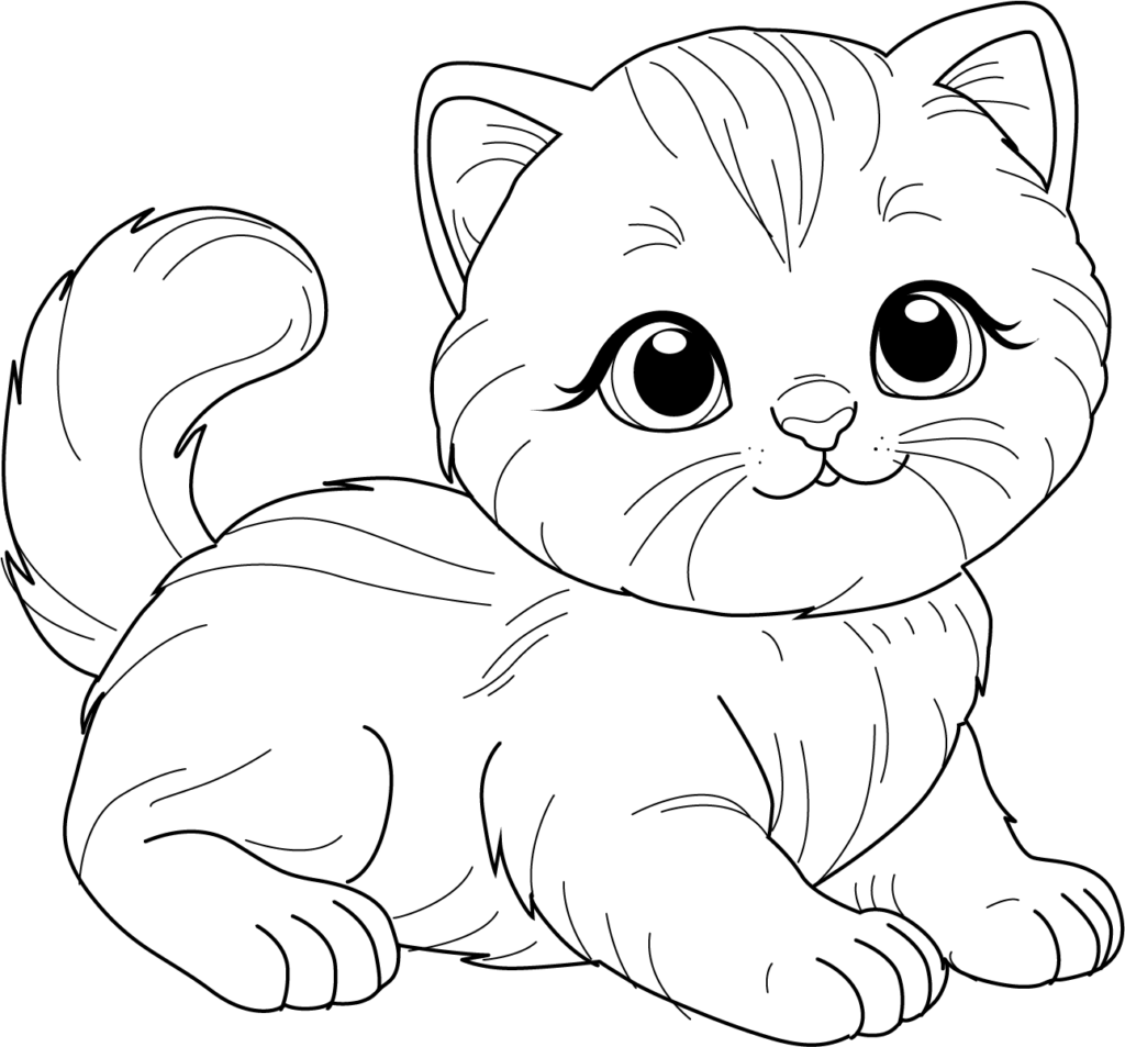 Cute cartoon kitten sitting with curled tail