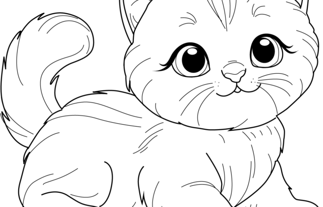 Cute cartoon kitten sitting with curled tail