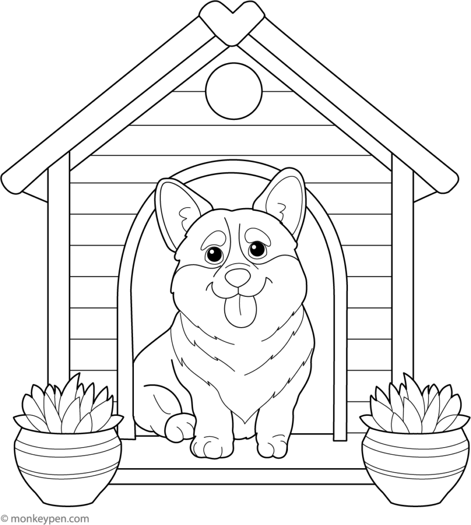 Line drawing of dog in a doghouse with potted plants