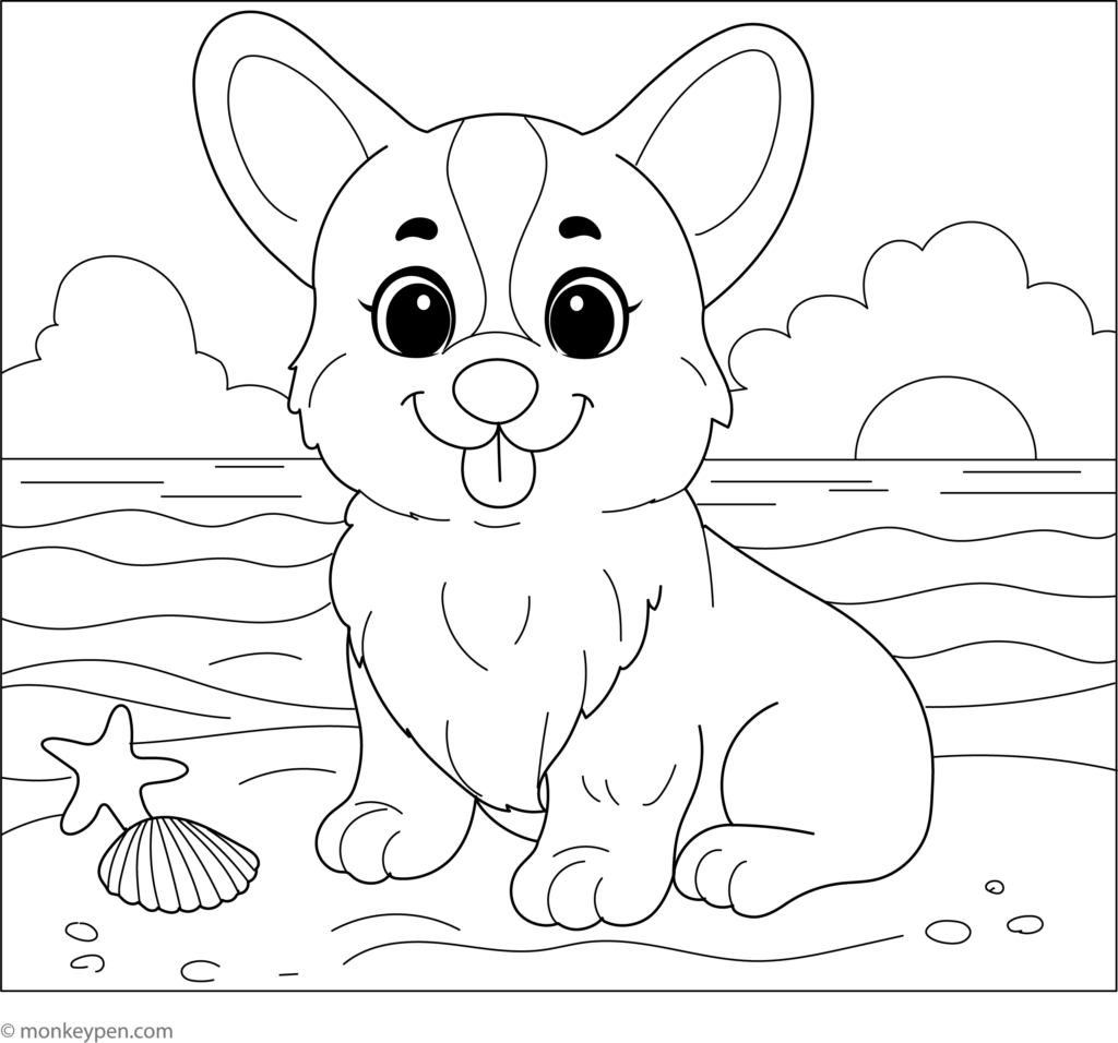 Cartoon corgi sitting on a beach with seashells and waves