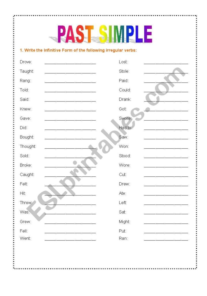 Past simple irregular verbs worksheet with blank lines