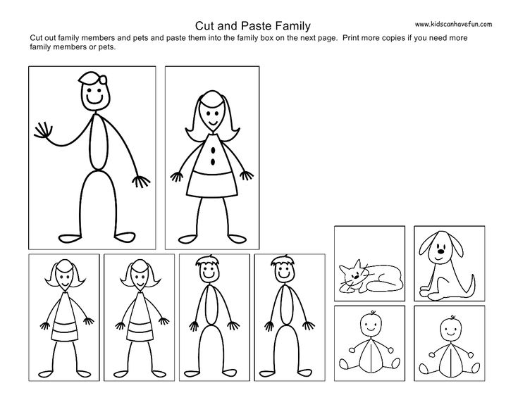 Family cut-and-paste worksheet with cartoon people and pets