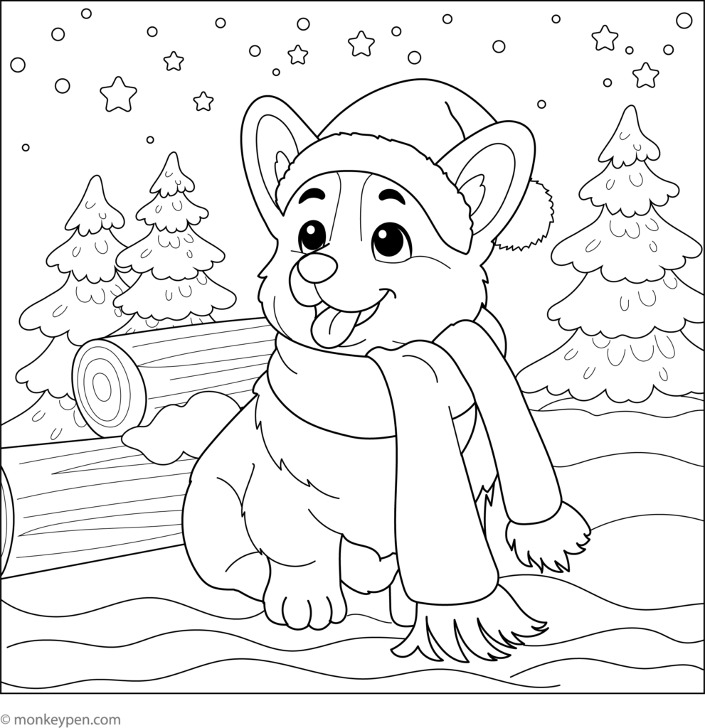 Cute cartoon fox in winter scarf, snowy forest background