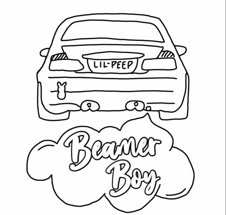 Black-and-white drawing of car rear with “Beamer Boy” text