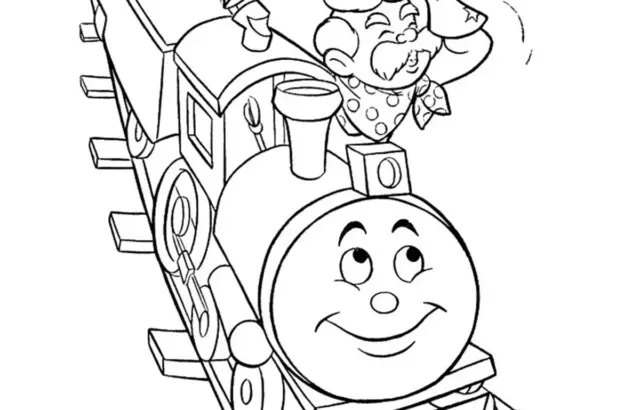 Cartoon train on tracks with waving engineer and smiling face