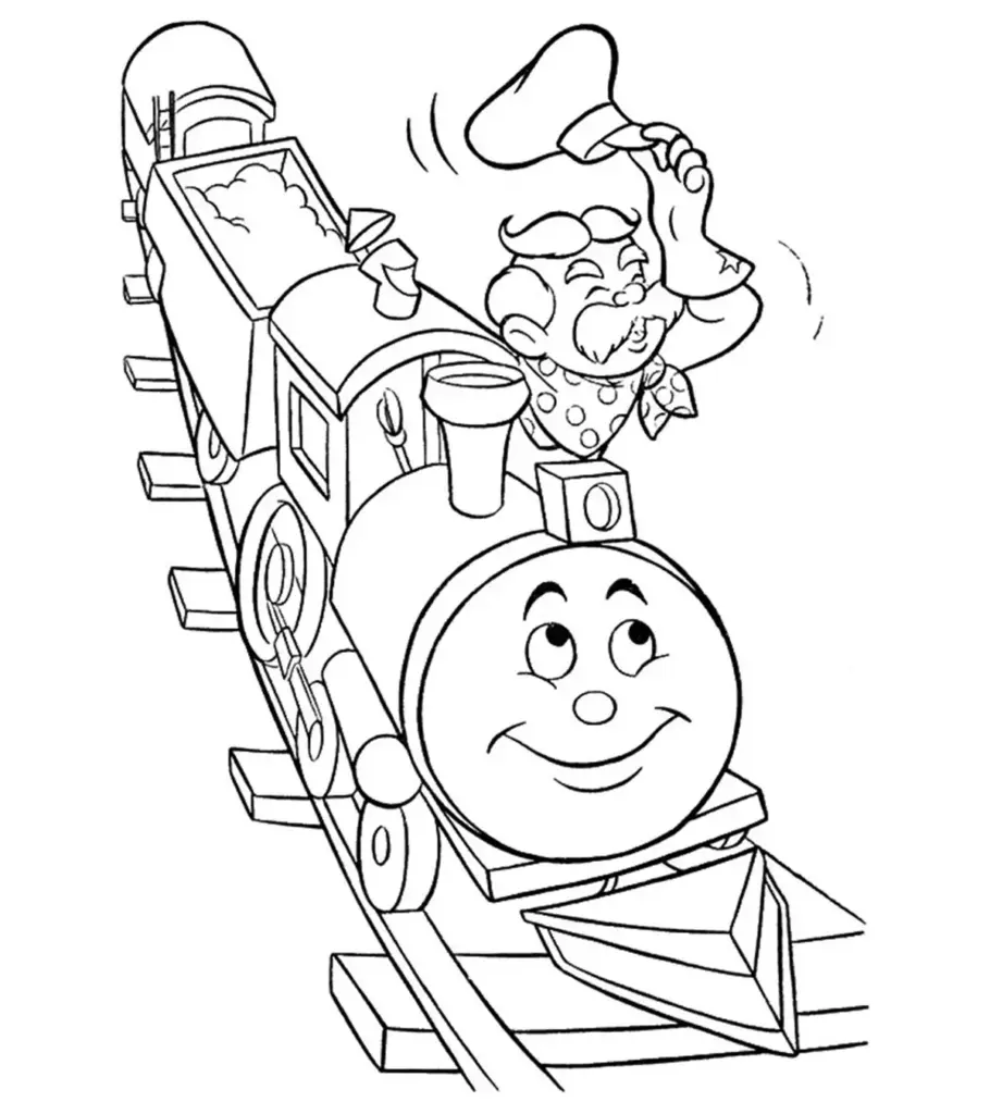 Cartoon train on tracks with waving engineer and smiling face