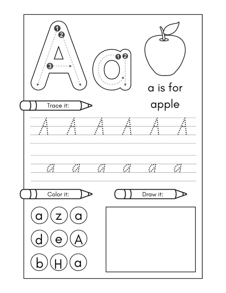 Alphabet tracing worksheet with apple illustration and letter A