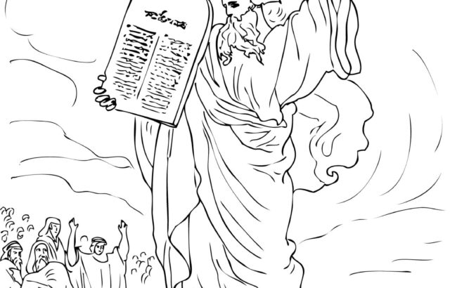 Line drawing of Moses holding tablets with people below