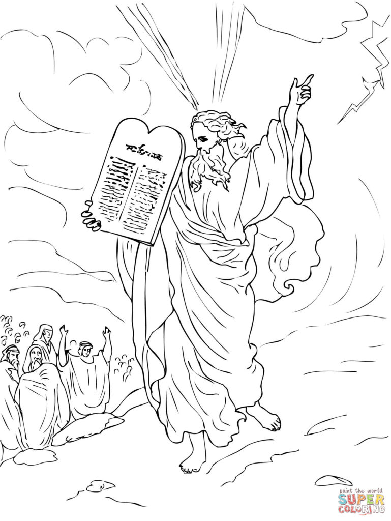 Line drawing of Moses holding tablets with people below