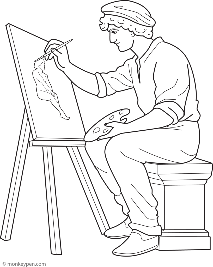 Line drawing of artist painting seated nude figure