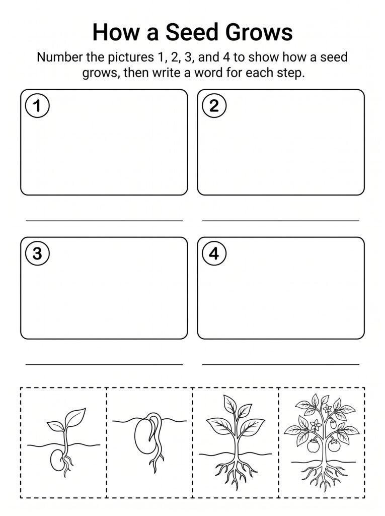 Seed growth worksheet with four blank boxes and plant stages