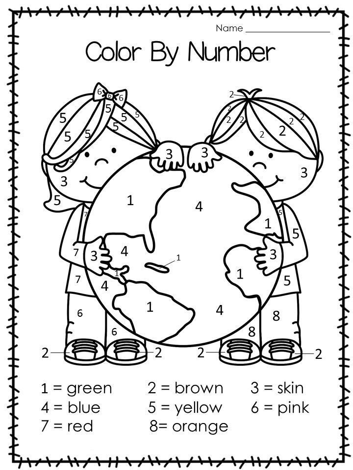 Black-and-white color-by-number worksheet with children holding globe