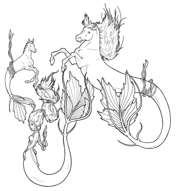 Black-and-white line drawing of mermaid horses and woman
