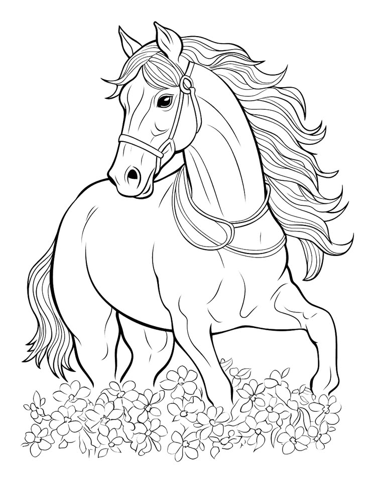 Black-and-white line drawing of a rearing horse with flowers