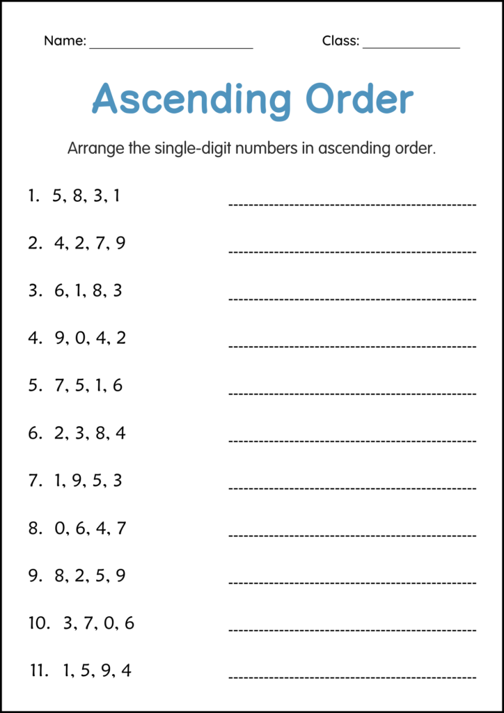 Ascending order number worksheet with eleven problems