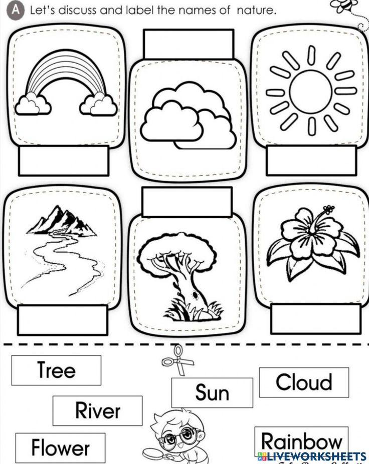 Nature worksheet with rainbow, clouds, sun, river, tree, flower icons