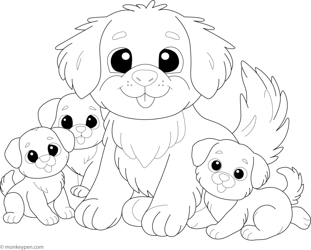 Three cartoon puppies with hearts on black background